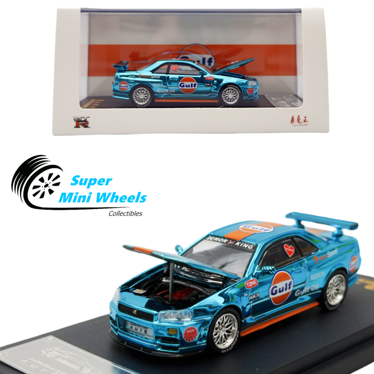 Demonking Auto 1:64 Nissan GTR R34 Chrome Gulf - Diecast Model