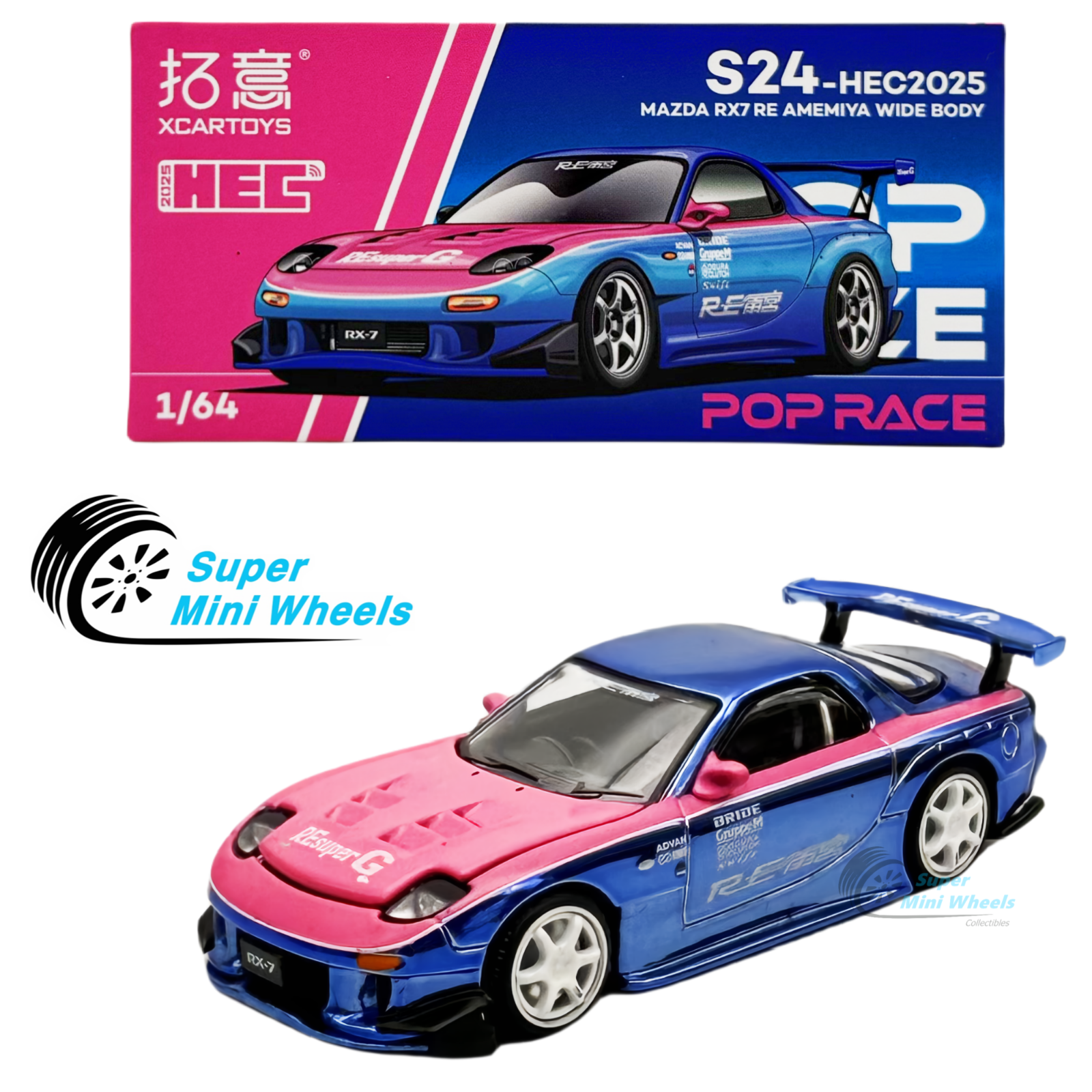 Pop Race 1:64 Mazda RX7 Re Amemiya Wide Body Chrome Blue/Pink HEC Pop Race 1:64 Mazda RX7 Re Amemiya Wide Body Chrome Blue/Pink HEC