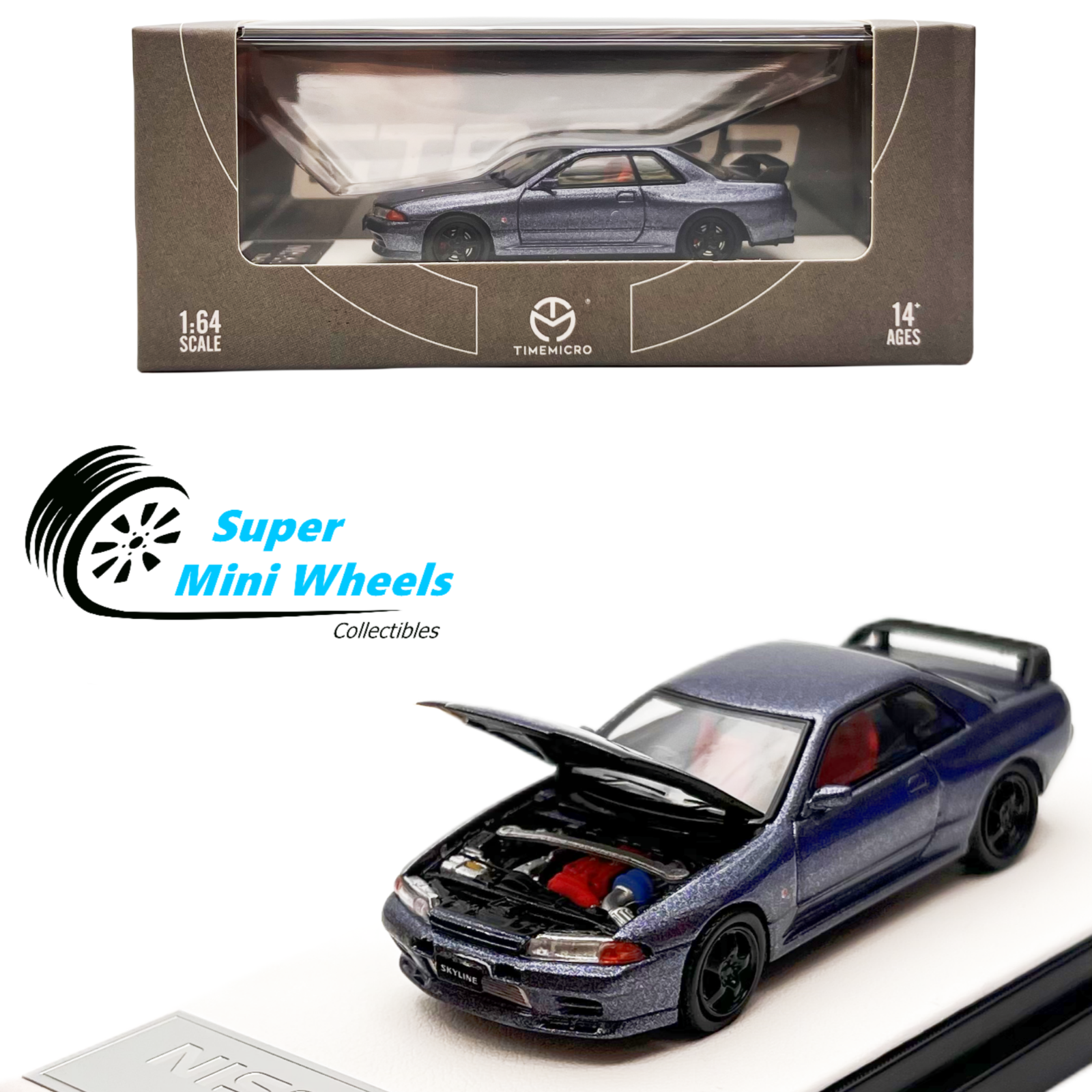 Time Micro 1:64 Nissan Skyline GTR R33 Silver Blue Hood Can Open