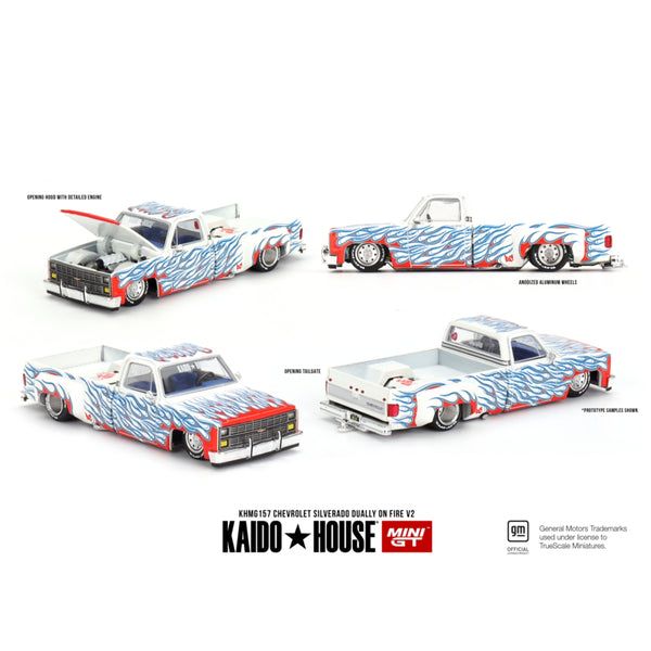 Pre-Order Kaido House x Mini GT 1:64 Chevrolet Silverado Dually on Fire V2 – White Flames - KHMG157