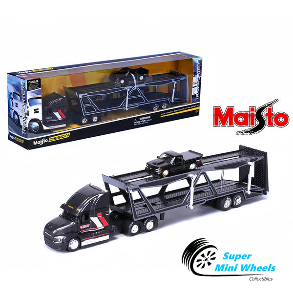 Maisto 1:64 Mack Transporter Open Trailer w/ 1993 Chevrolet 454 SS Pickup – Black – Design Transporters