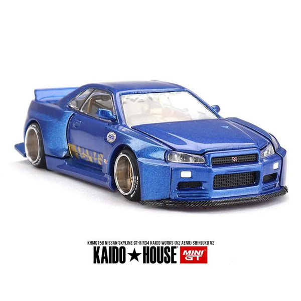 Pre-Order Kaido House x Mini GT 1:64 Nissan Skyline GT-R (R34) Kaido Works (V2 Aero) SHINJUKU V2- Blue