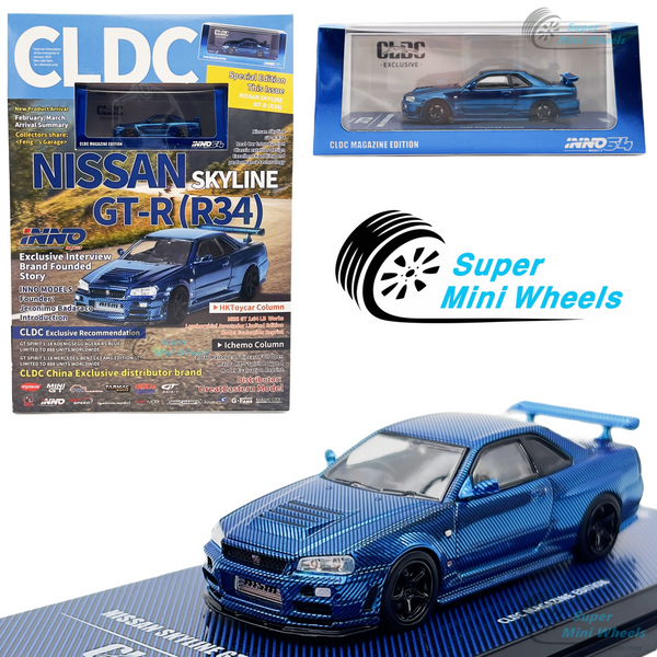 INNO64 1:64 Nissan Skyline GTR R34 (Chrome Blue Carbon Fiber) CLDC Magazine Edition