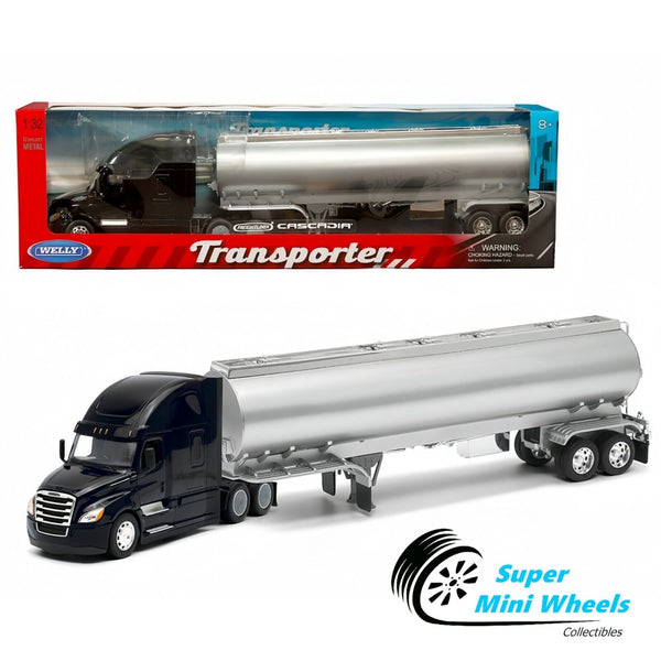 Welly 1:32 Freightliner Cascadia Tanker – Black with Silver Tanker – Transporter