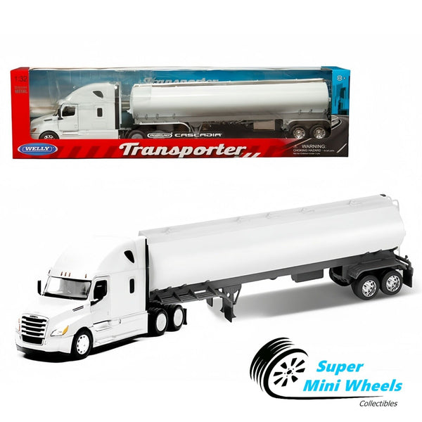 Welly 1:32 Freightliner Cascadia Tanker – White with Silver Tanker – Transporter