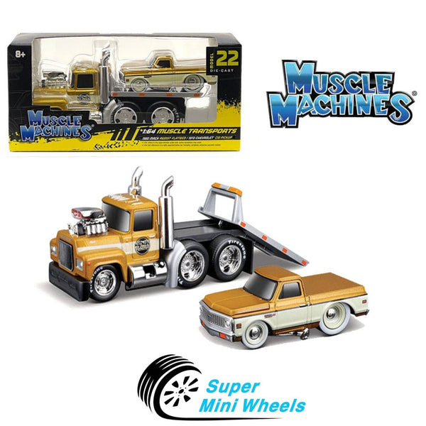 Muscle Machines 1:64 Mack Flatbed & 1972 Chevrolet C10 Pickup – Gold #22