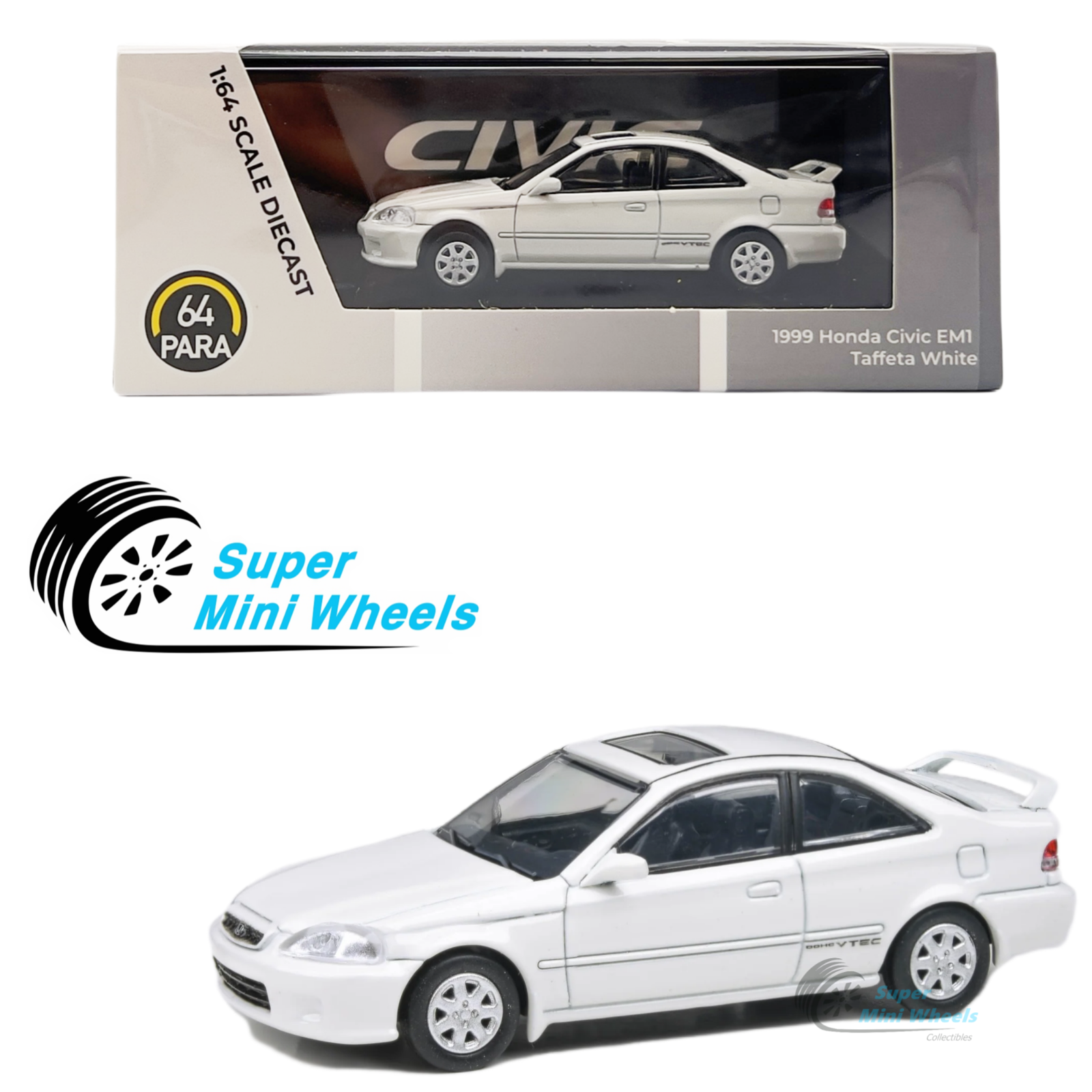 PARA64 1:64 1999 Honda Civic Si EM1 Taffeta White – Super Mini Wheels