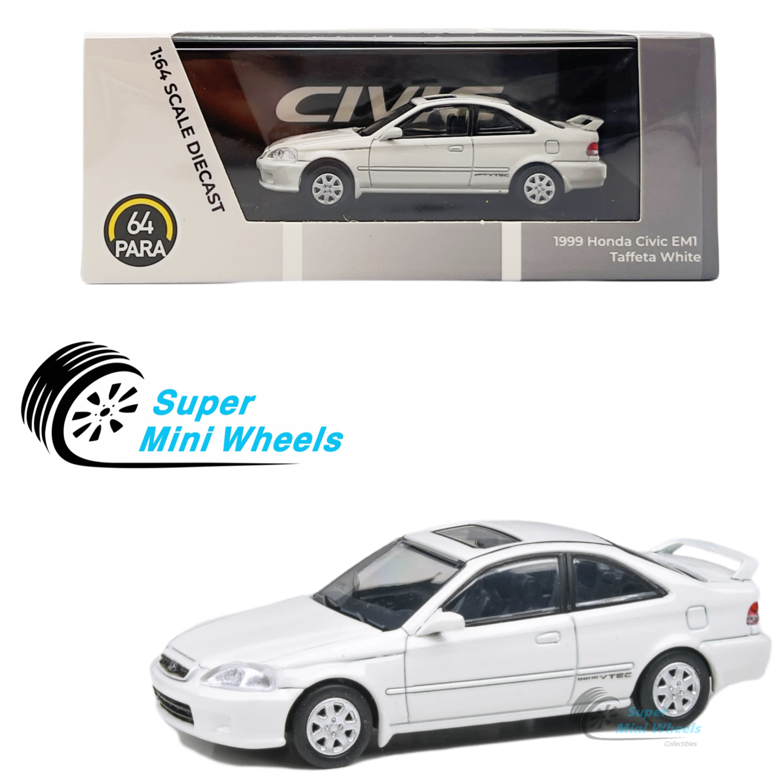 PARA64 1:64 1999 Honda Civic Si EM1 Taffeta White β Super Mini Wheels