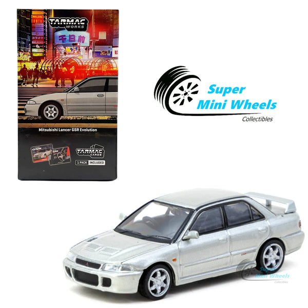 Tarmac Works 1:64 Mitsubishi Lancer GSR Evolution Silver with Tarmac Cards