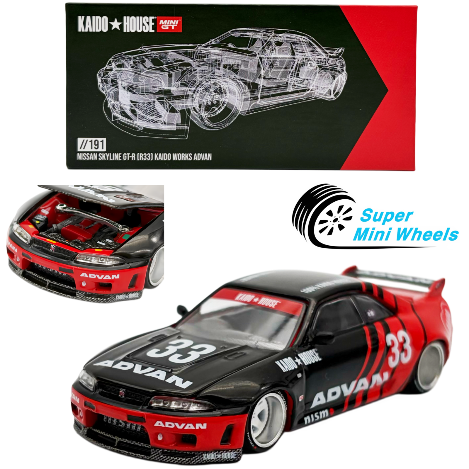 Kaido House x Mini GT 1:64 Nissan Skyline GT-R (R33) Kaido Works ADVAN ...