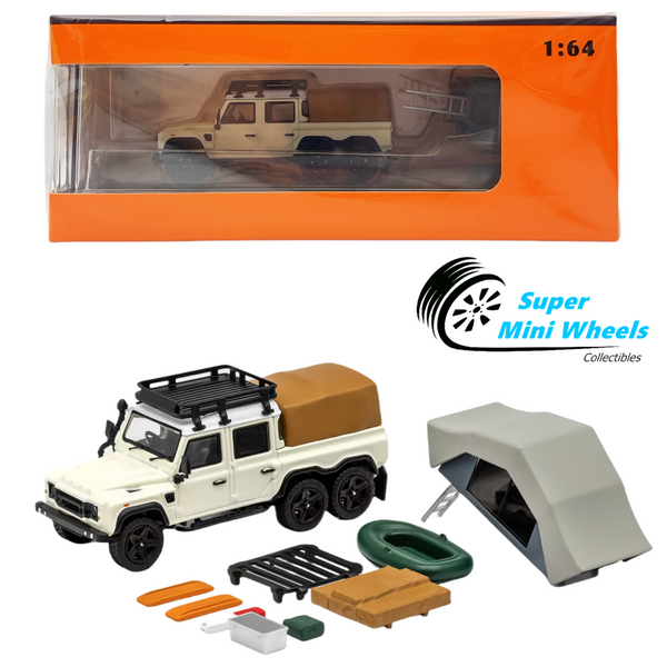 GCD 1:64 Land Rover Defender 6x6 (Cream White) with Camping Accessories