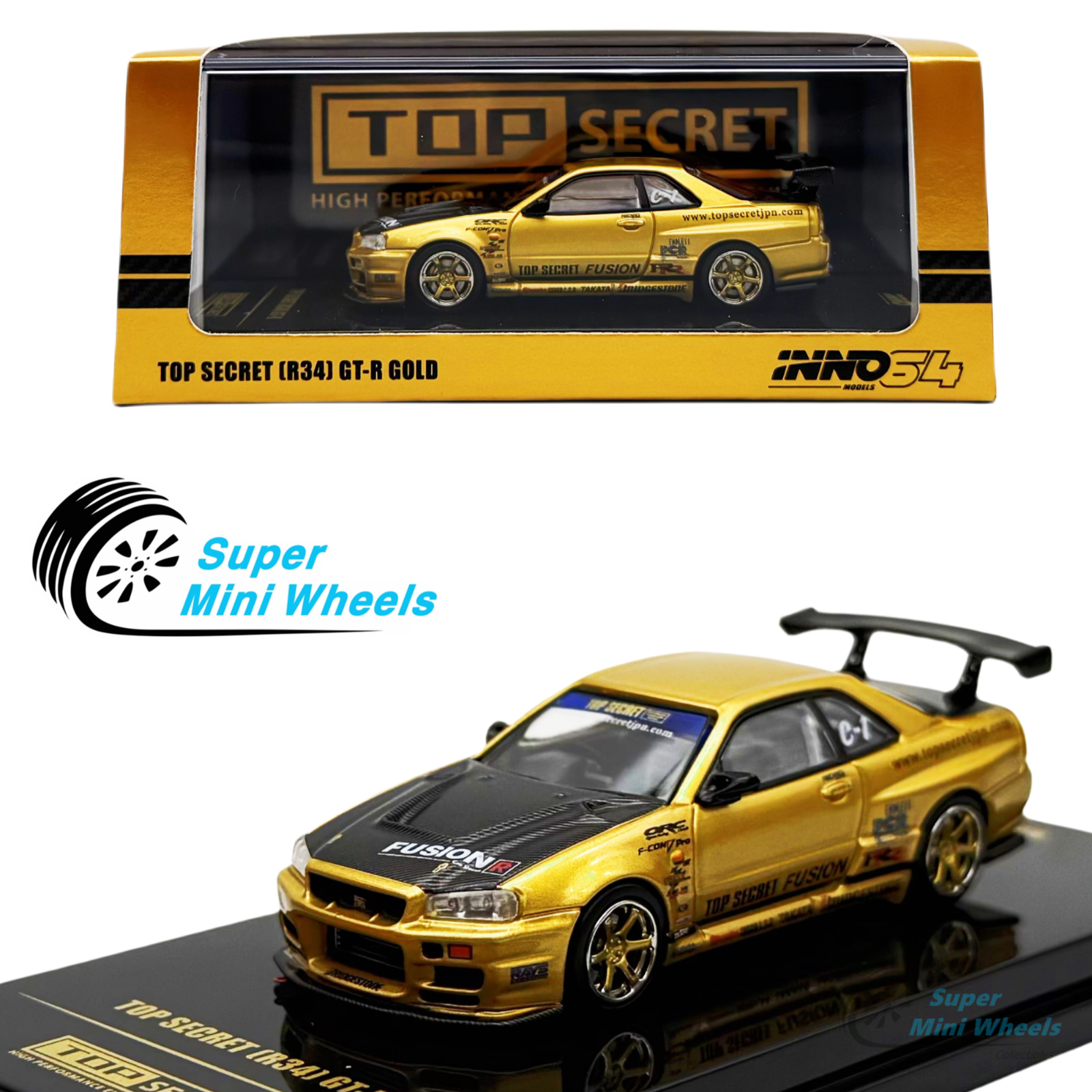 Top Secret Rims INNO64 1:64 Nissan GT-R R34 GOLD