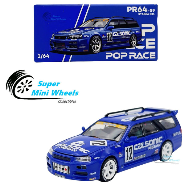 Pop Race 1:64 Nissan Stagea R34 Wagon Calsonic #12 Blue PR64-59