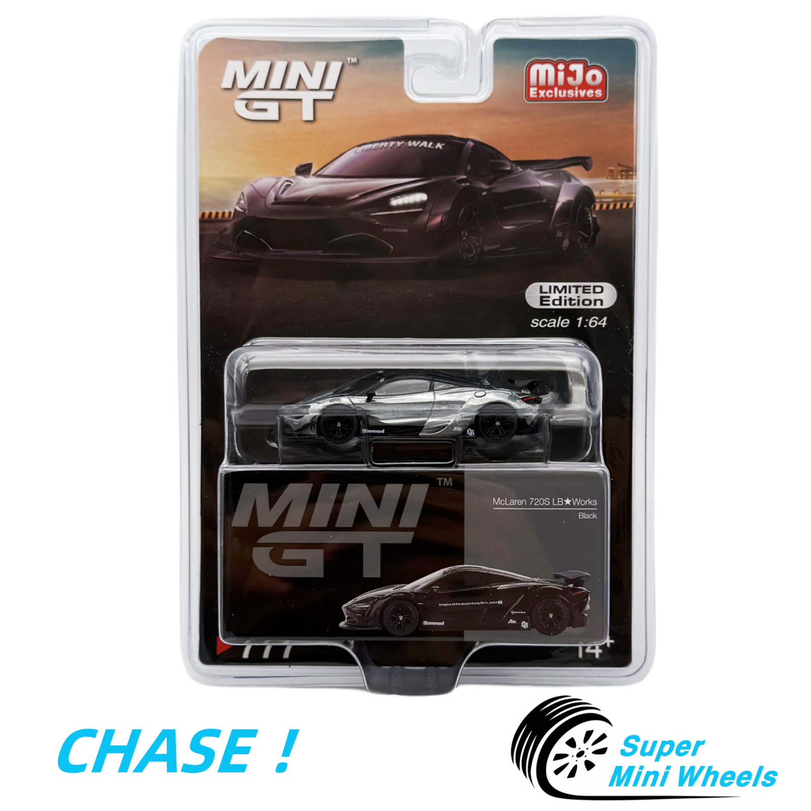 CHASE !Mini GT 1:64 McLaren 720S LB Works Black #777 – Super Mini Wheels