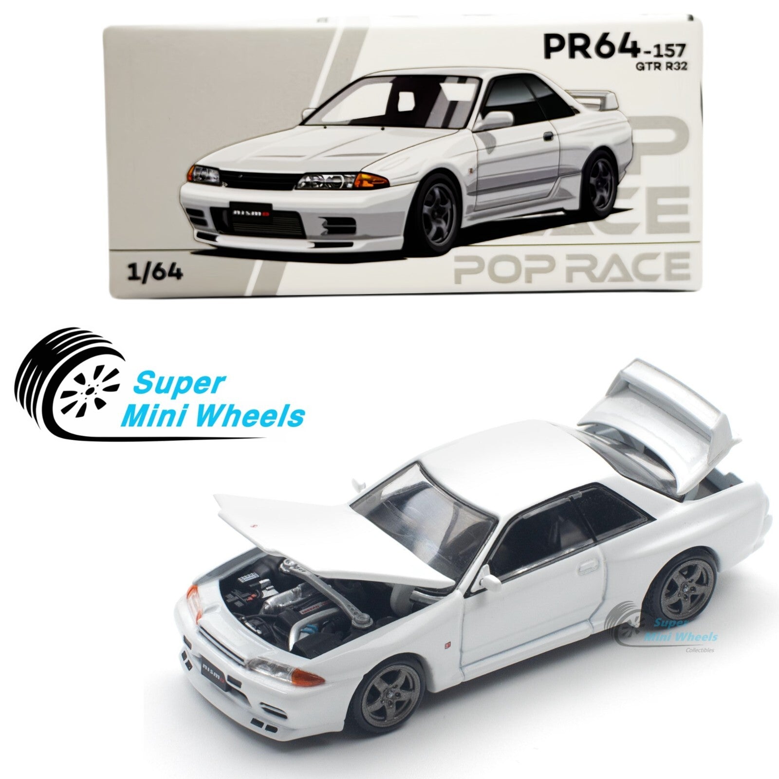 速くおよび自由な Pop Race Wheels Mini Super – #157 White R32 GTR Nissan 1:64 ミニカー