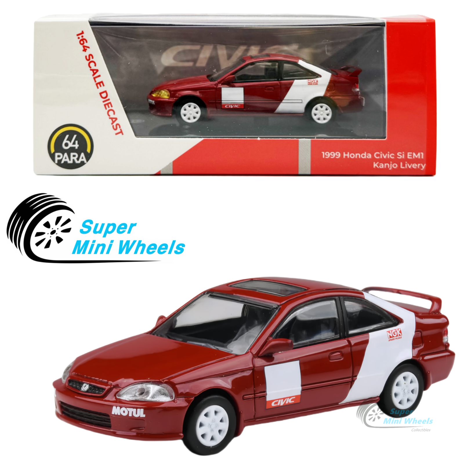 PARA64 1:64 1999 Honda Civic Si EM1 - Kanjo Livery β Super Mini Wheels
