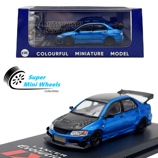 CM-Model 1:64 Mitsubishi Lancer Evolution IX Blue/Black with extra wheels