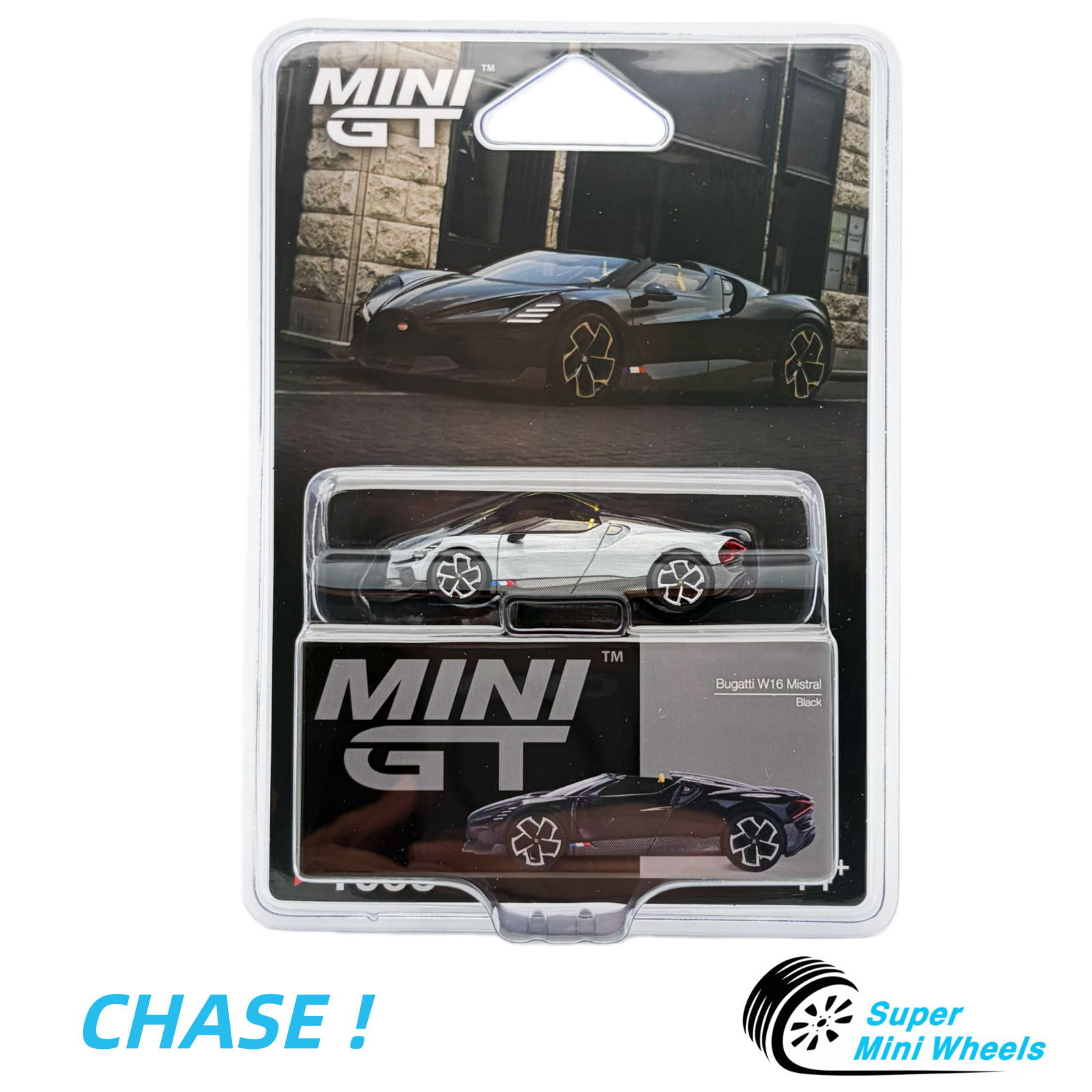 CHASE ! Mini GT 1:64 Bugatti W16 Mistral Black #1058 – Super Mini Wheels
