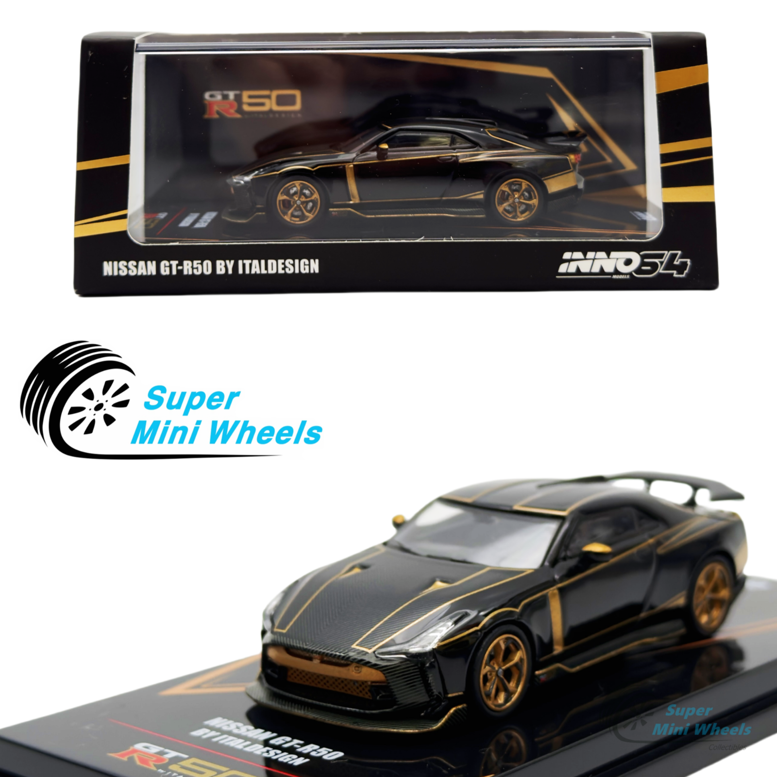 INNO64 1:64 Nissan GT-R50 By Italdesign (Black/Gold) – Super Mini Wheels