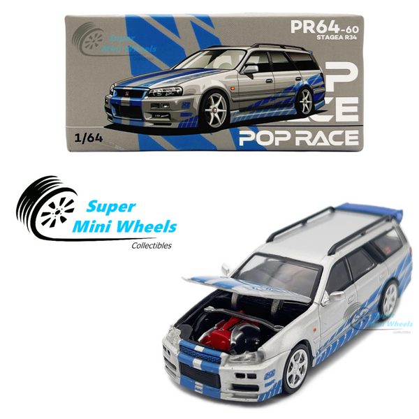 Pop Race 1:64 Nissan Stagea R34 Wagon Silver/Blue PR64-60