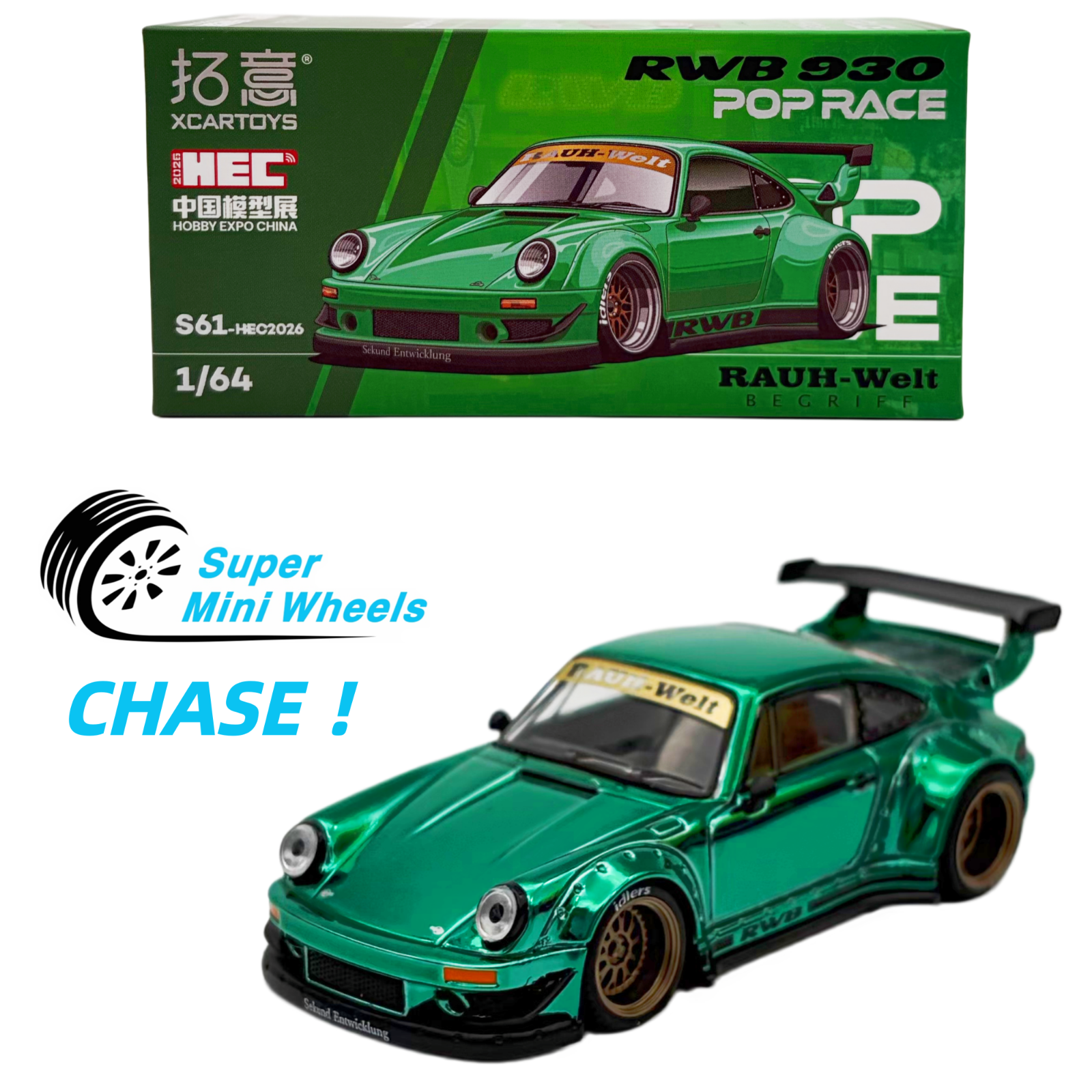 CHASE ！Pop Race 1:64 Porsche RWB 930 Green HEC 2026 – Super Mini Wheels
