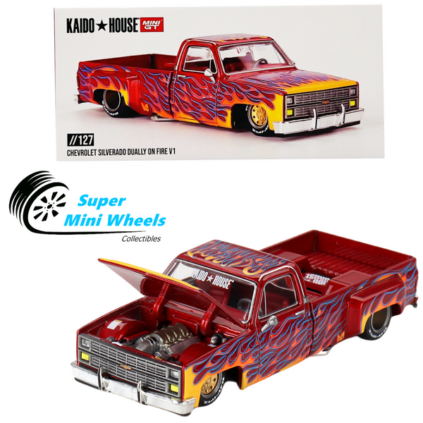 Mini GT x Kaido House 1:64 Chevrolet Silverado Dually on Fire V1 KHMG127