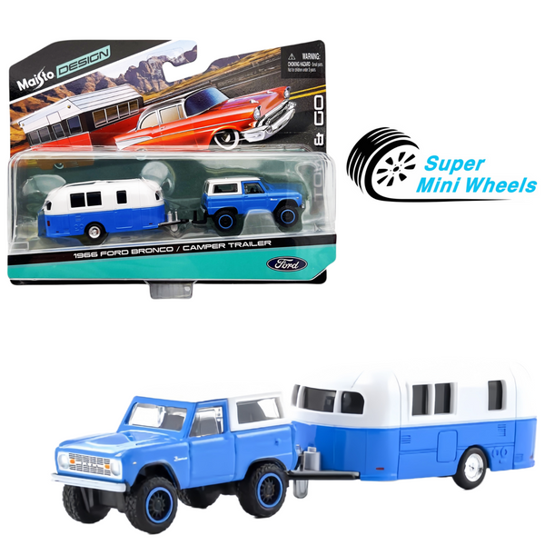 Maisto 1:64 Design 1966 Ford Bronco Blue / Camper Trailer – Tow & Go