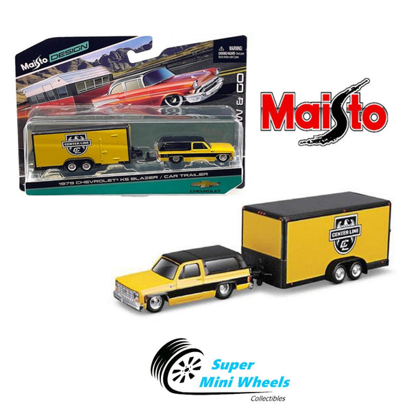 Maisto 1:64 Design 1975 Chevrolet K5 Blazer w/ Car Trailer -Yellow – Tow & Go