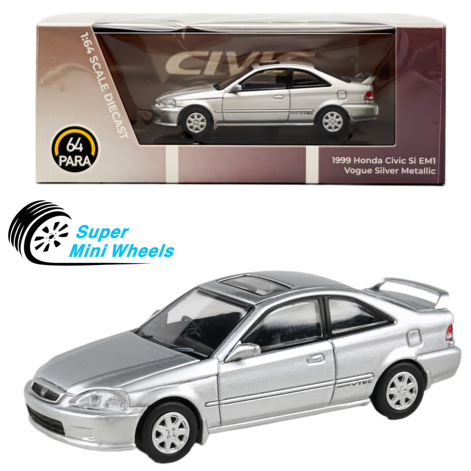 PARA64 1999 Honda Civic Si EM1 Vogue Silver 1:64 β Super Mini Wheels