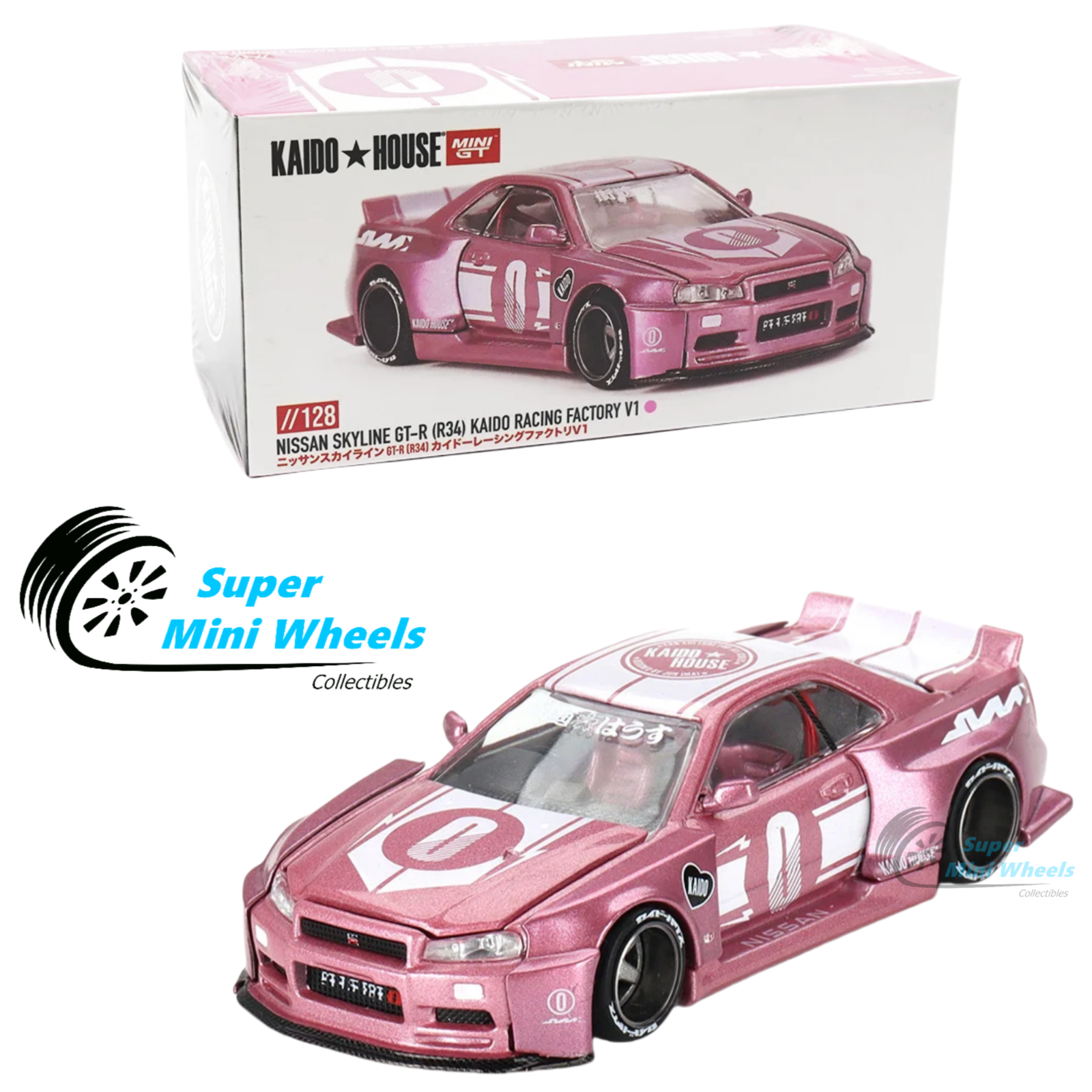 Kaido Racer Rims Mini GT x Kaido House 1:64 Nissan GT-R R34 Pink KAIDO RACING FACTORY V ...