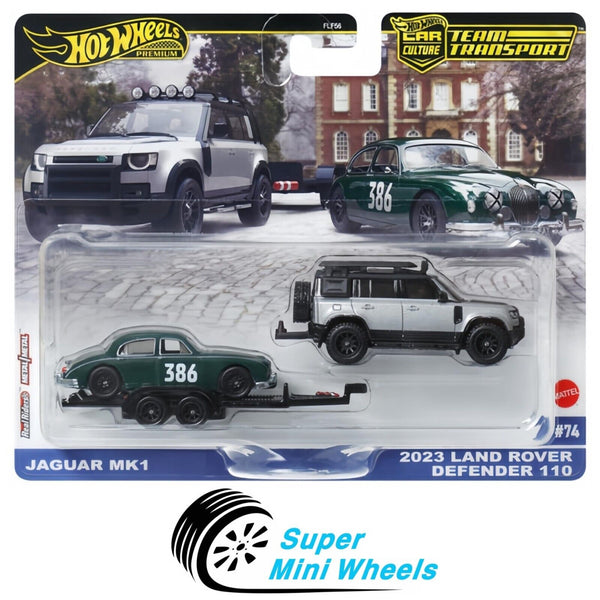 Hot Wheels Team Transport 2023 Land Rover Defender Silver 110 & Jagura MK1 Green