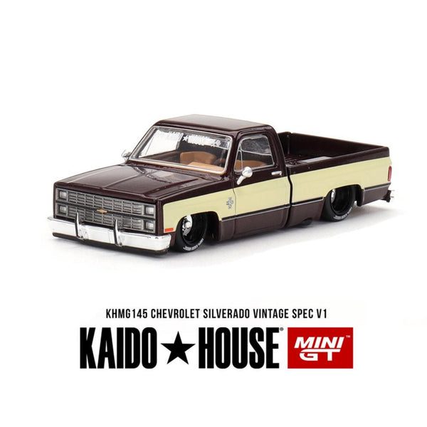 Pre-Order Kaido House x Mini GT 1:64 Chevrolet Silverado KAIDO Vintage Spec V1 – Two-Tone Brown Cream - KHMG145