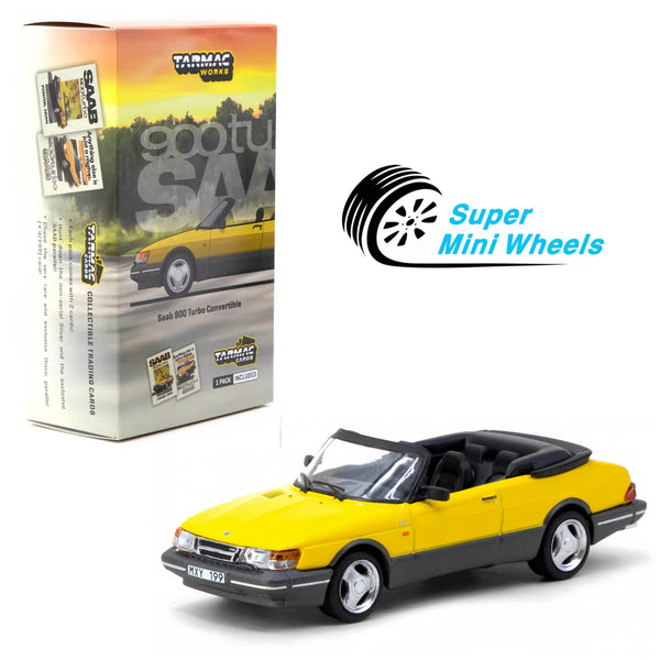 Tarmac Works 1:64 Saab 900 Turbo Convertible with Trading Cards – Yellow