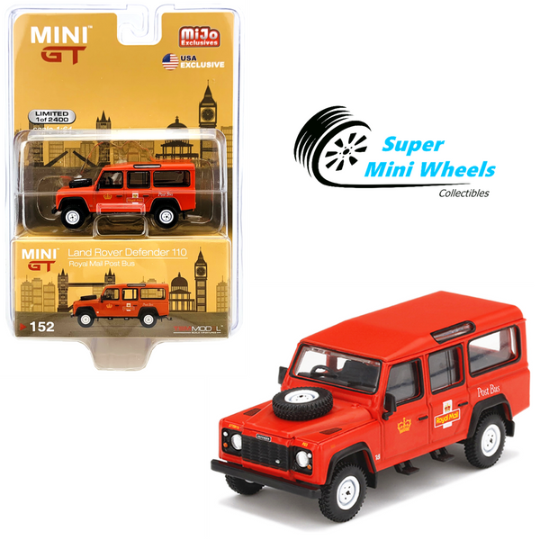 Mini GT 1:64 Land Rover Defender 110 UK Royal Mail Post Bus (Red) #152