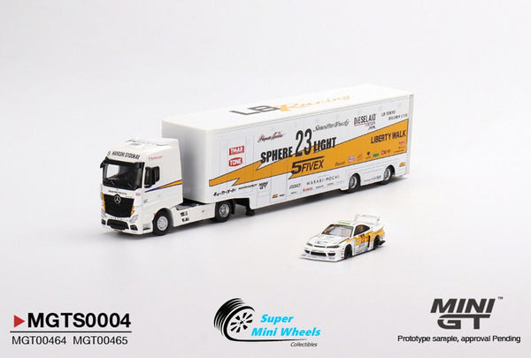 Mini GT 1:64 LB Racing Transporter Set Mercedes Benz Actros w/ Nissan S15 Silvia