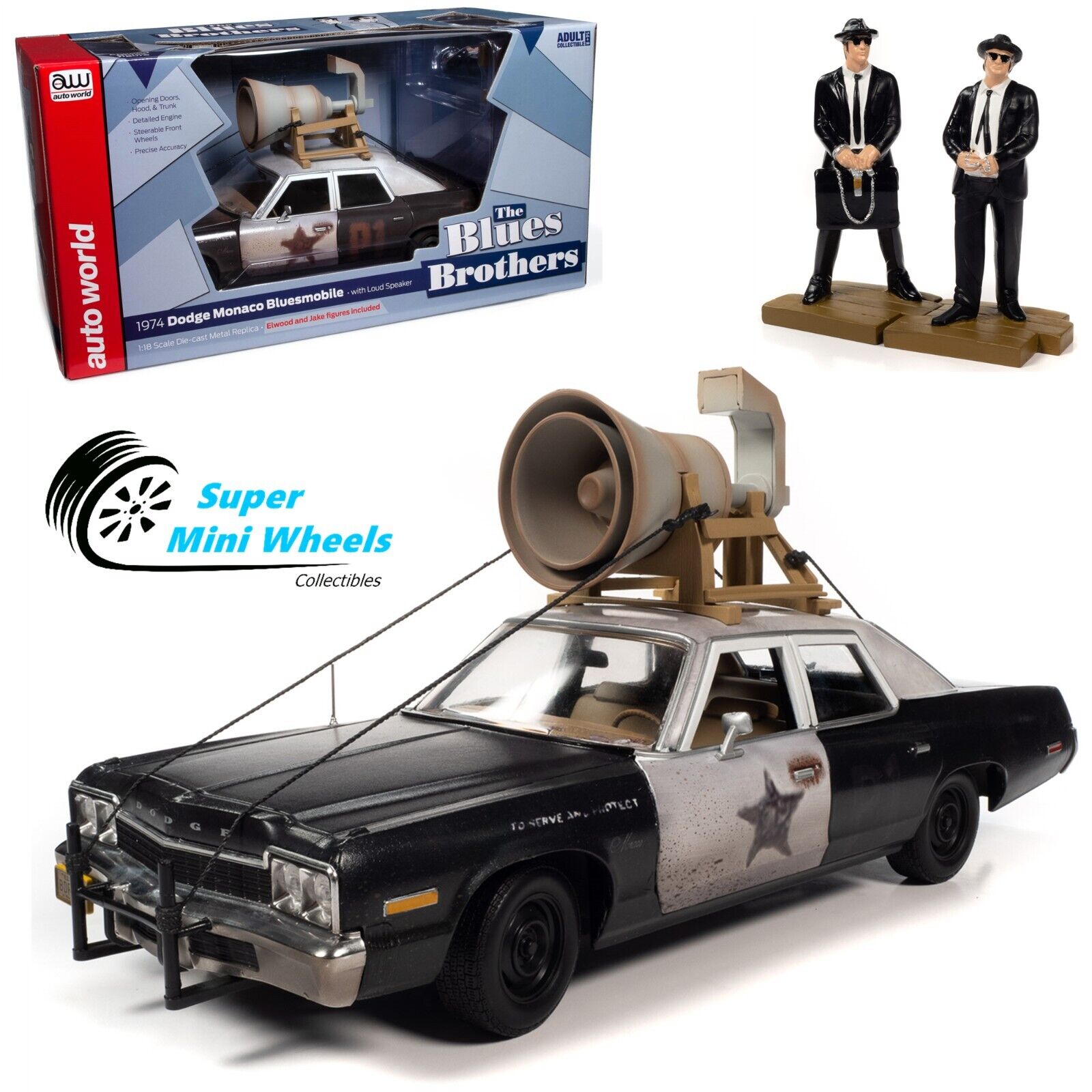 Auto World DODGE MONACO BLUESMOBILE 1974 BLUES BROTHERS 1980 FIGURINES Auto World DODGE MONACO BLUESMOBILE 1974 BLUES BROTHERS 1980 FIGURINES