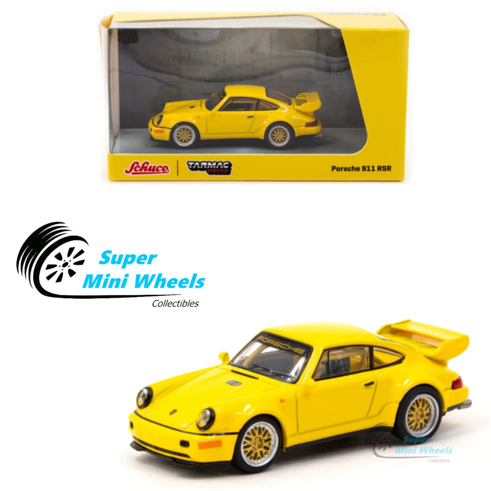 Schuco x Tarmac Works 1/64 Porsche 911 RSR 3.8 Yellow – Super Mini Wheels