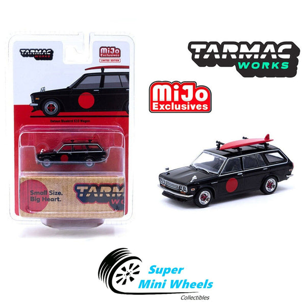 Tarmac Works 1:64 Mijo Datsun Bluebird 510 Wagon Black With Surfboard Special