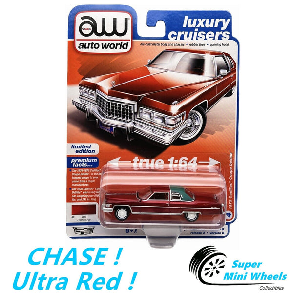 CHASE ! Ultra Red ! Auto World 1:64 - 1975 Cadillac Coupe DeVille Firethom Poly