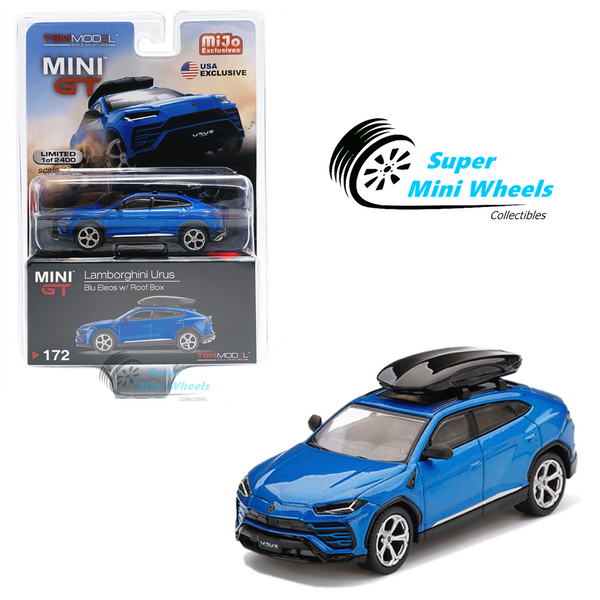 Mini GT 1:64 Lamborghini Urus Blu Eleos (Blue) w/ Roof Box (Black) #172