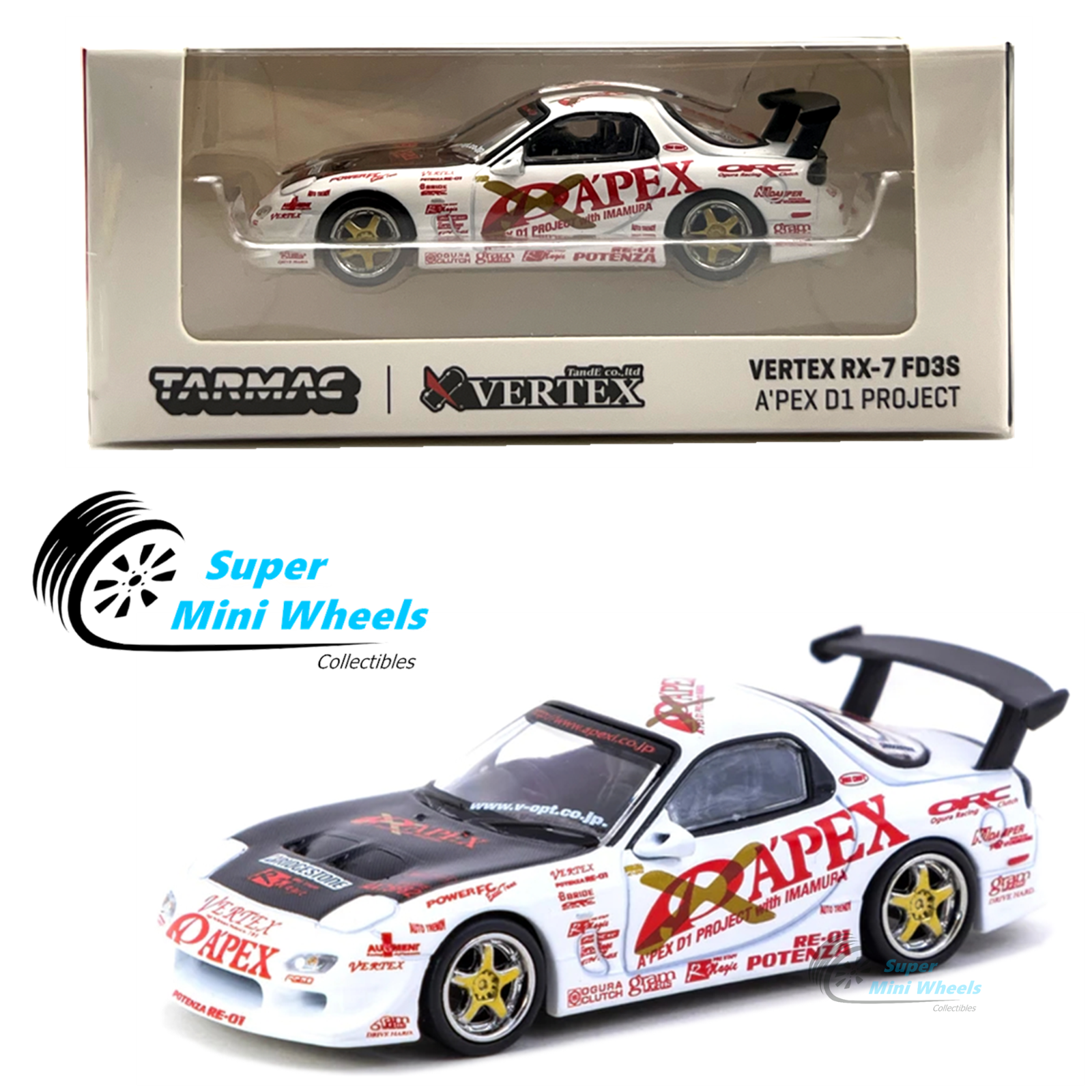 Tarmac Works 1:64 VERTEX RX-7 FD3S A'PEX D1 PROJECT (White) - GLOBAL64 ...