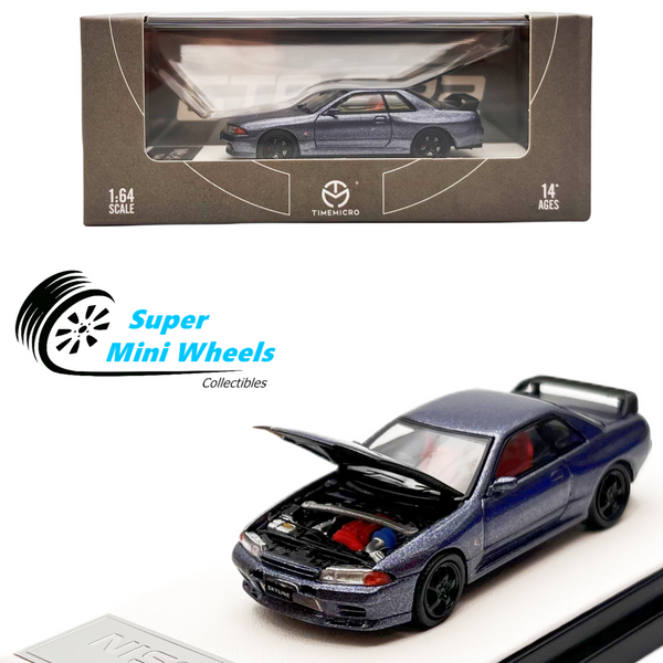 Time Micro 1:64 Nissan Skyline GTR R33 Silver Blue Hood Can Open - Diecast Model