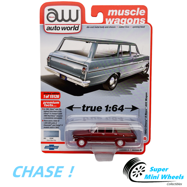 CHASE ! Auto World 1:64 - 1963 Chevrolet II Nova Station Wagon Silver Blue Poly